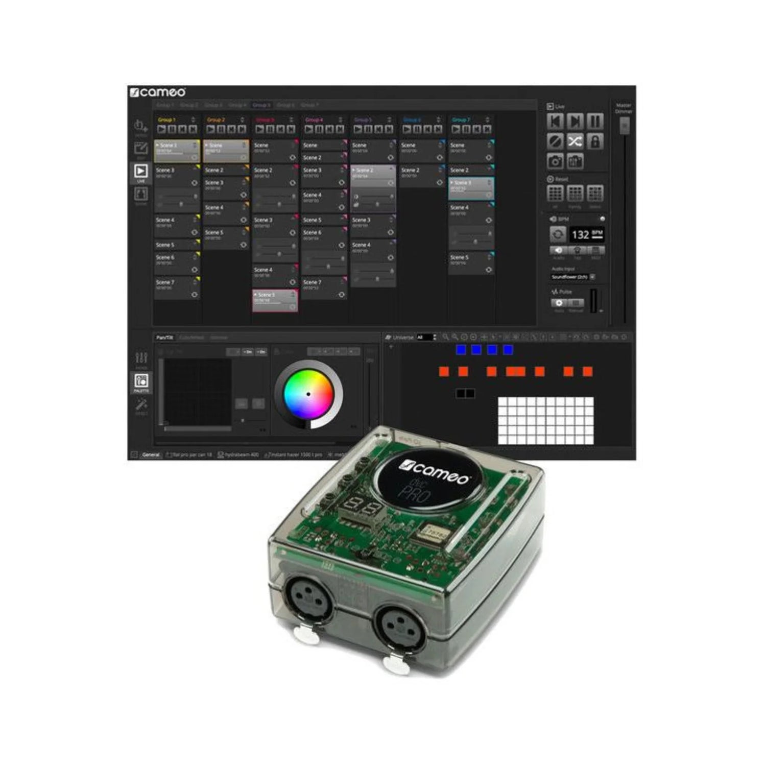 Cameo DMX PRO interface device with software control panel featuring lighting scenes, color wheel, and control options