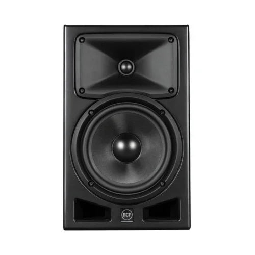 Black RCF studio monitor speaker with woofer, tweeter, and dual bass ports