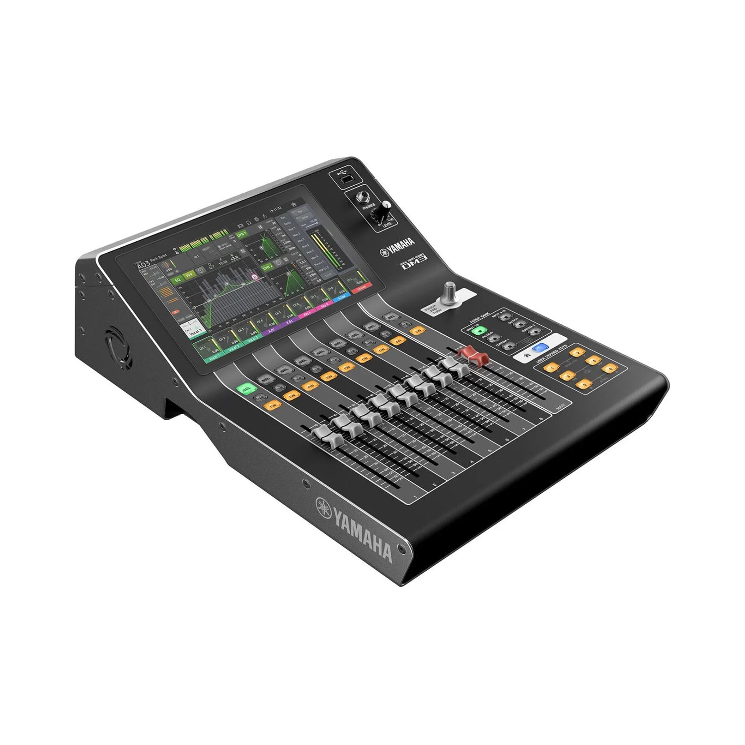 Yamaha DM3 digital audio mixer with touchscreen and multiple faders for professional sound control