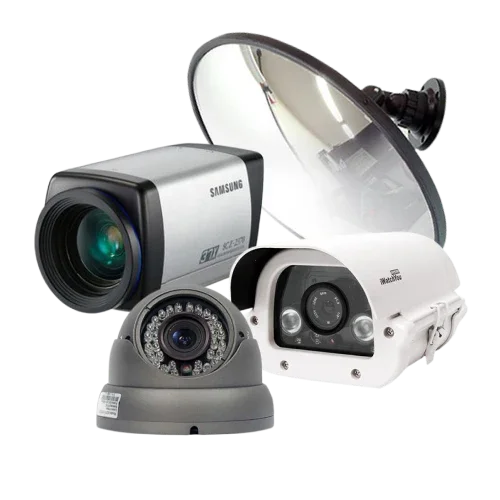 Three different surveillance cameras including Samsung box, dome, and bullet cameras with a reflective dome cover