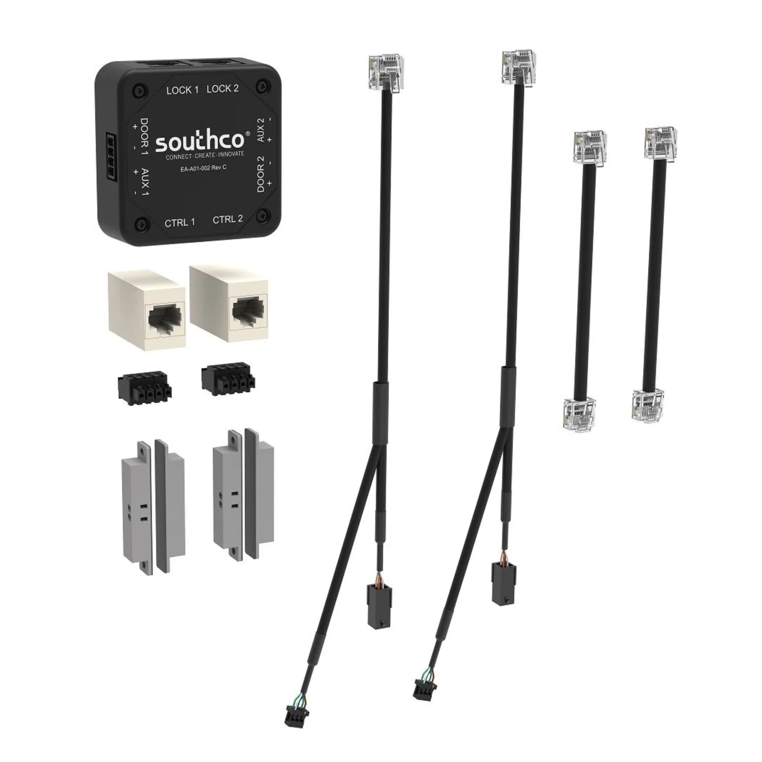 Southco system integration accessories including control module, cables with connectors, RJ45 adapters, and metallic mounting brackets