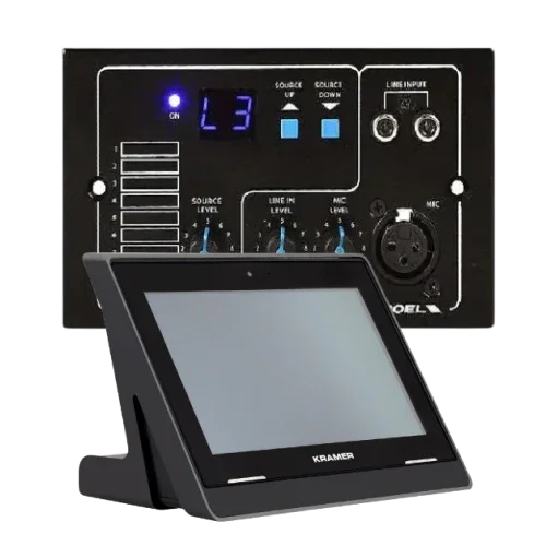 Kramer system integration controller featuring digital display, input level controls, mic input, and touchscreen panel