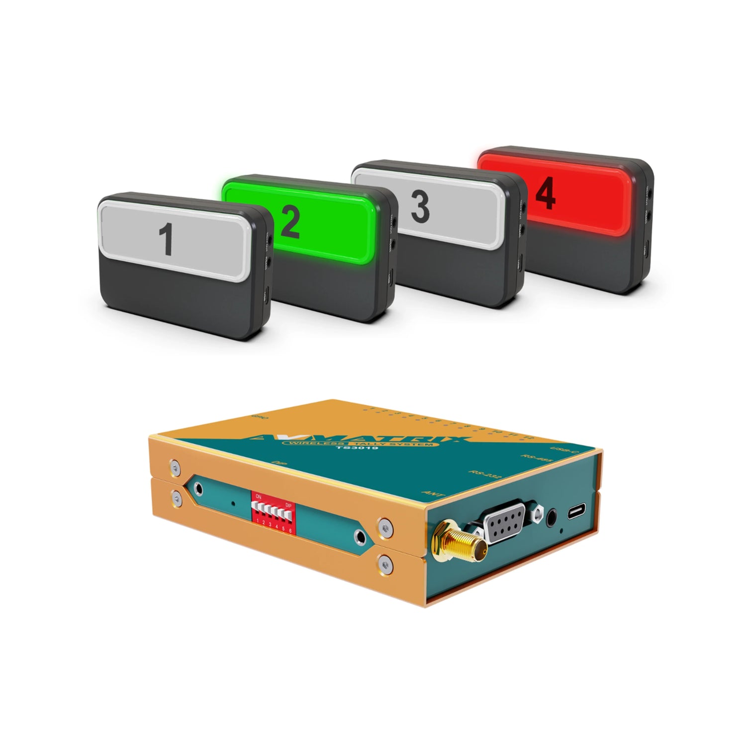 Avnavix wireless tally system with four numbered tally boxes, two gray, one green, one red, and a compact control unit