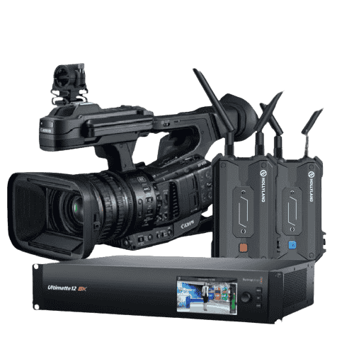 Professional Canon video camera with dual wireless transmitters and Blackmagic Design UltraStudio 12G video broadcasting equipment