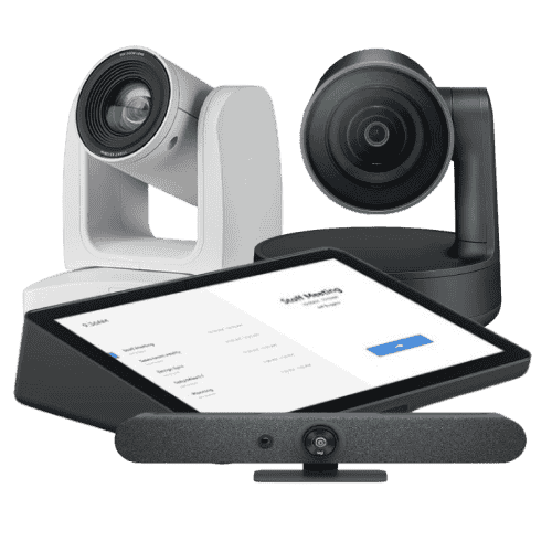 Video conference system with white and black PTZ cameras, touch control panel, and speaker camera bar