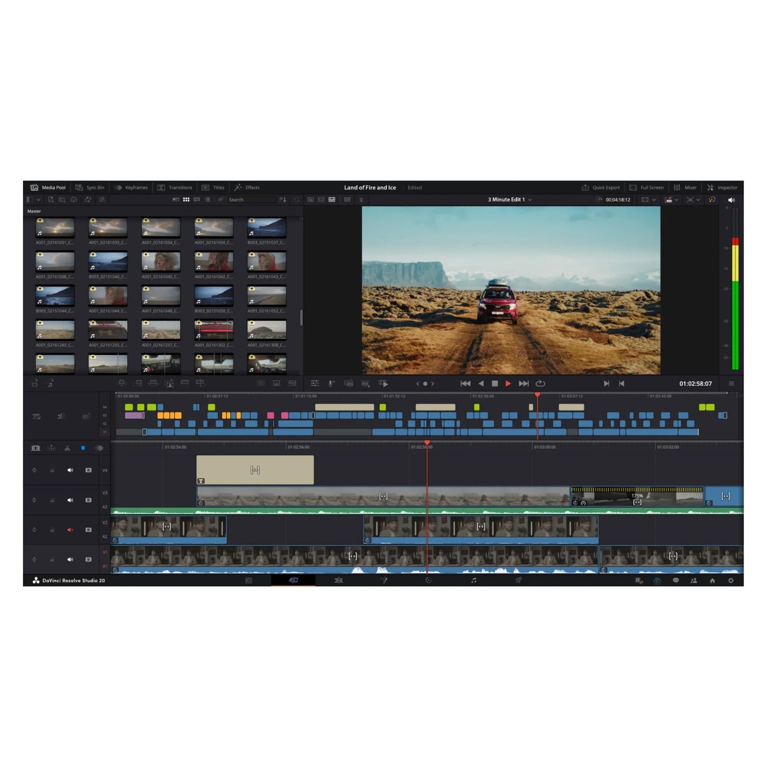 DaVinci Resolve Studio 20 video editing software interface showcasing timeline, media pool, and preview of a red SUV in a rugged landscape
