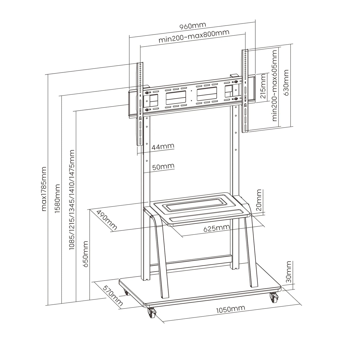 Height Adjustable Mobile TV Cart for 37”-100”